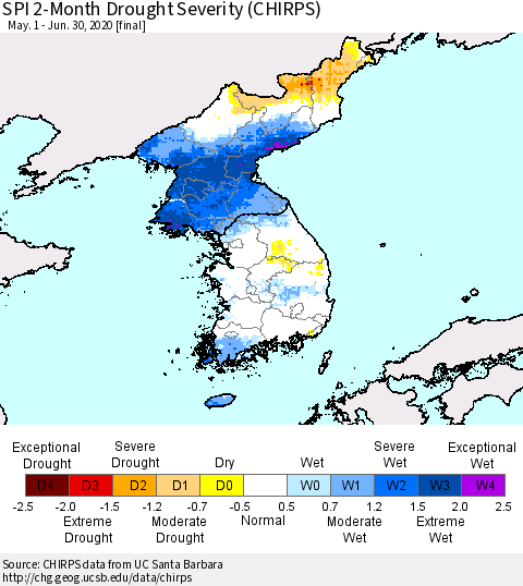 Korea SPI 2-Month Drought Severity (CHIRPS) Thematic Map For 5/1/2020 - 6/30/2020