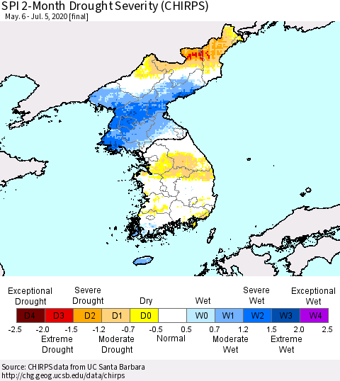 Korea SPI 2-Month Drought Severity (CHIRPS) Thematic Map For 5/6/2020 - 7/5/2020