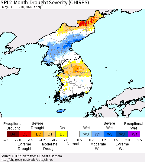 Korea SPI 2-Month Drought Severity (CHIRPS) Thematic Map For 5/11/2020 - 7/10/2020