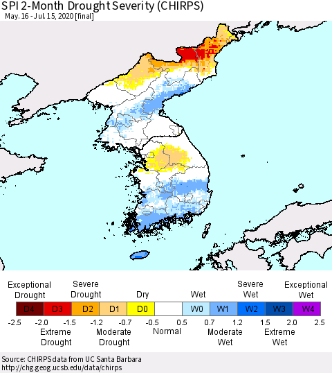Korea SPI 2-Month Drought Severity (CHIRPS) Thematic Map For 5/16/2020 - 7/15/2020