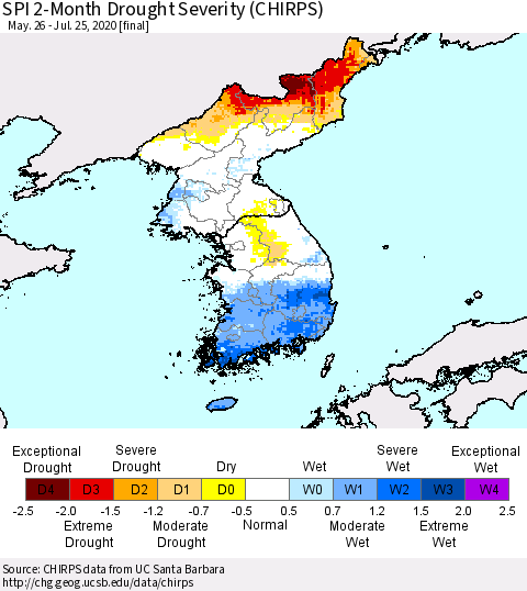 Korea SPI 2-Month Drought Severity (CHIRPS) Thematic Map For 5/26/2020 - 7/25/2020