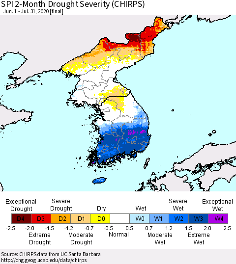 Korea SPI 2-Month Drought Severity (CHIRPS) Thematic Map For 6/1/2020 - 7/31/2020