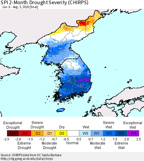 Korea SPI 2-Month Drought Severity (CHIRPS) Thematic Map For 6/6/2020 - 8/5/2020