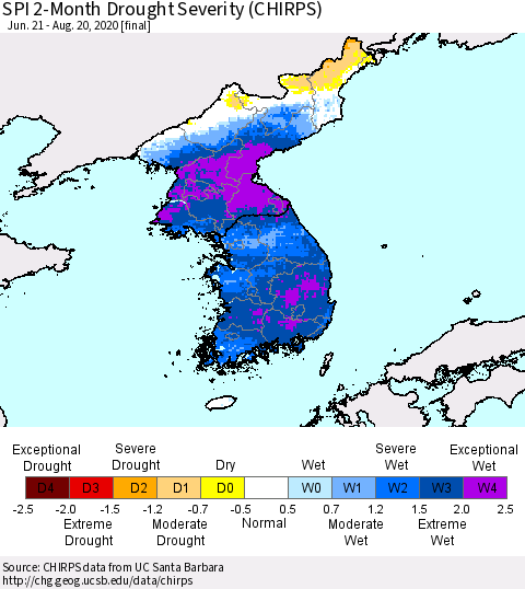 Korea SPI 2-Month Drought Severity (CHIRPS) Thematic Map For 6/21/2020 - 8/20/2020