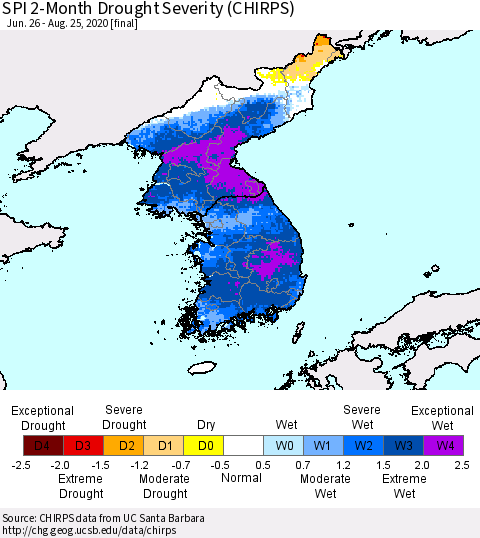 Korea SPI 2-Month Drought Severity (CHIRPS) Thematic Map For 6/26/2020 - 8/25/2020