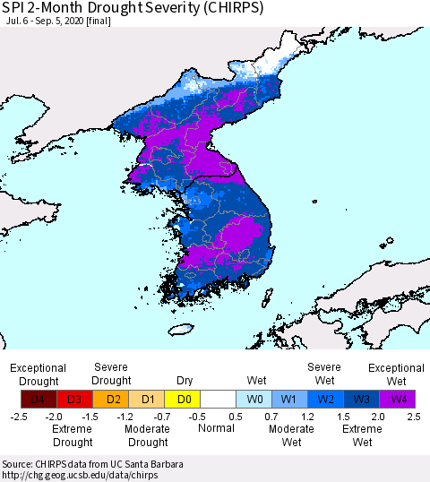Korea SPI 2-Month Drought Severity (CHIRPS) Thematic Map For 7/6/2020 - 9/5/2020