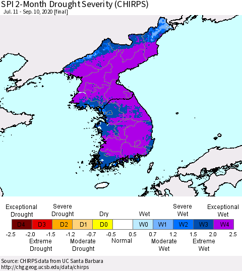 Korea SPI 2-Month Drought Severity (CHIRPS) Thematic Map For 7/11/2020 - 9/10/2020