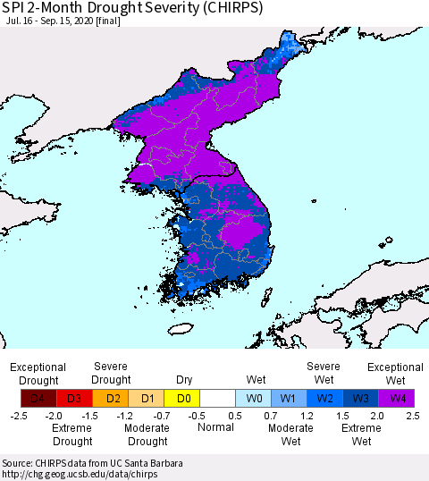 Korea SPI 2-Month Drought Severity (CHIRPS) Thematic Map For 7/16/2020 - 9/15/2020