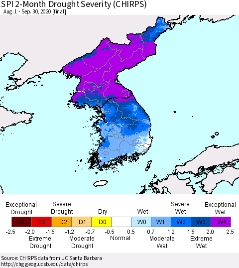 Korea SPI 2-Month Drought Severity (CHIRPS) Thematic Map For 8/1/2020 - 9/30/2020