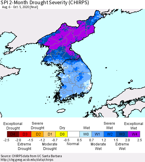 Korea SPI 2-Month Drought Severity (CHIRPS) Thematic Map For 8/6/2020 - 10/5/2020