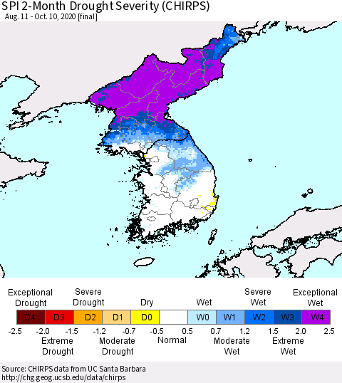 Korea SPI 2-Month Drought Severity (CHIRPS) Thematic Map For 8/11/2020 - 10/10/2020