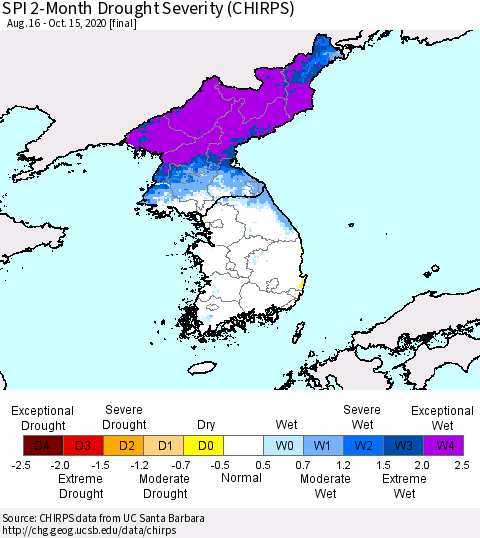 Korea SPI 2-Month Drought Severity (CHIRPS) Thematic Map For 8/16/2020 - 10/15/2020