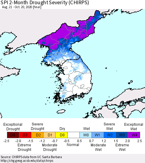Korea SPI 2-Month Drought Severity (CHIRPS) Thematic Map For 8/21/2020 - 10/20/2020