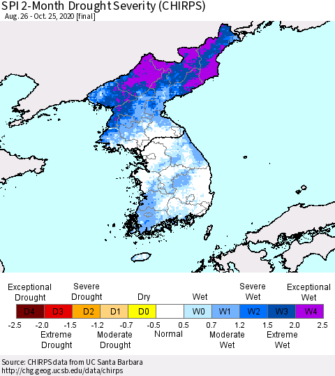 Korea SPI 2-Month Drought Severity (CHIRPS) Thematic Map For 8/26/2020 - 10/25/2020