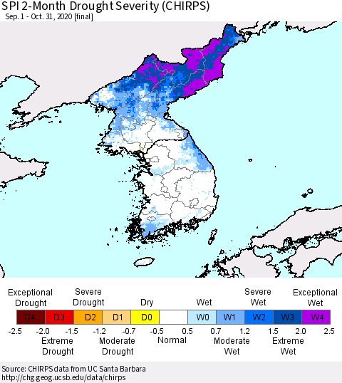 Korea SPI 2-Month Drought Severity (CHIRPS) Thematic Map For 9/1/2020 - 10/31/2020