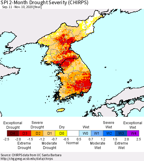 Korea SPI 2-Month Drought Severity (CHIRPS) Thematic Map For 9/11/2020 - 11/10/2020