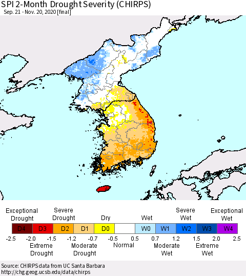 Korea SPI 2-Month Drought Severity (CHIRPS) Thematic Map For 9/21/2020 - 11/20/2020