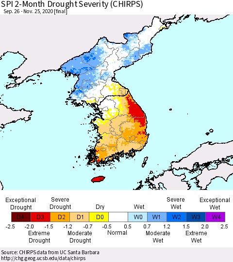 Korea SPI 2-Month Drought Severity (CHIRPS) Thematic Map For 9/26/2020 - 11/25/2020