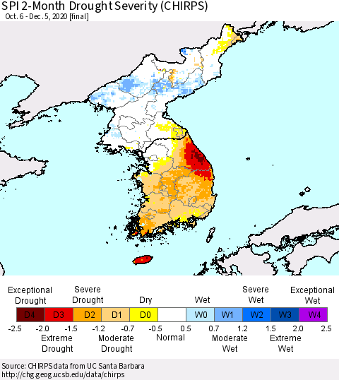 Korea SPI 2-Month Drought Severity (CHIRPS) Thematic Map For 10/6/2020 - 12/5/2020