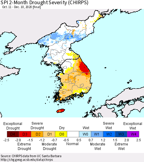Korea SPI 2-Month Drought Severity (CHIRPS) Thematic Map For 10/11/2020 - 12/10/2020