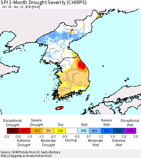 Korea SPI 2-Month Drought Severity (CHIRPS) Thematic Map For 10/16/2020 - 12/15/2020