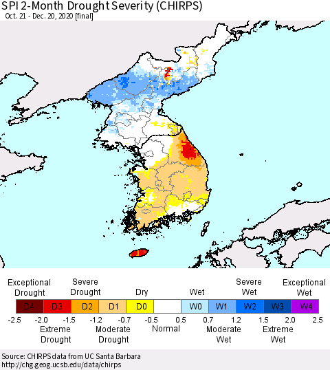 Korea SPI 2-Month Drought Severity (CHIRPS) Thematic Map For 10/21/2020 - 12/20/2020