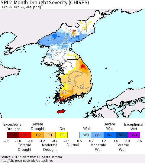 Korea SPI 2-Month Drought Severity (CHIRPS) Thematic Map For 10/26/2020 - 12/25/2020