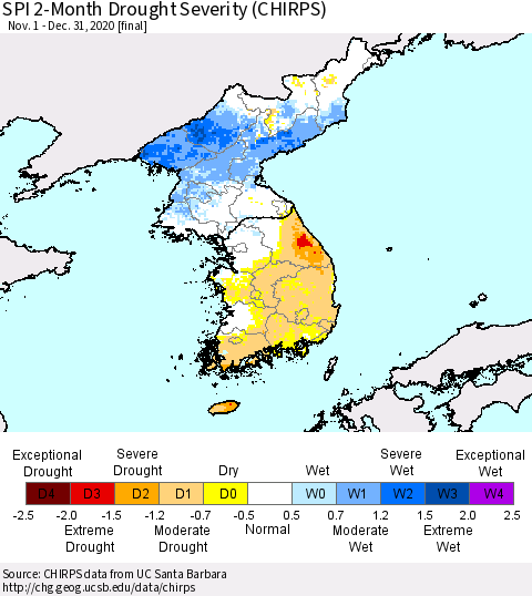 Korea SPI 2-Month Drought Severity (CHIRPS) Thematic Map For 11/1/2020 - 12/31/2020