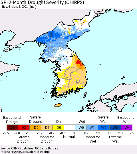 Korea SPI 2-Month Drought Severity (CHIRPS) Thematic Map For 11/6/2020 - 1/5/2021