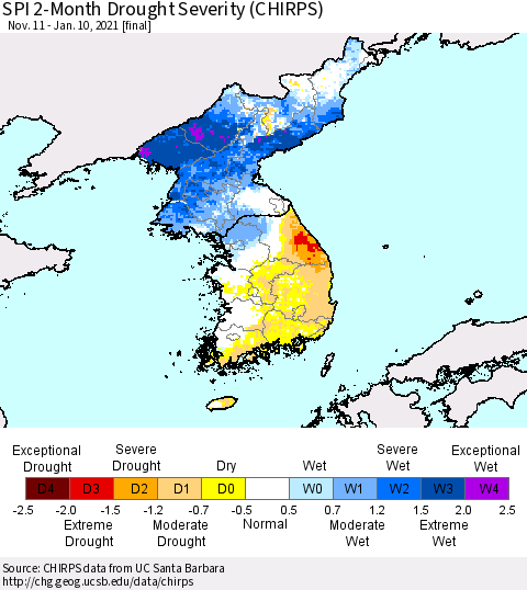 Korea SPI 2-Month Drought Severity (CHIRPS) Thematic Map For 11/11/2020 - 1/10/2021