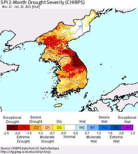 Korea SPI 2-Month Drought Severity (CHIRPS) Thematic Map For 11/21/2020 - 1/20/2021