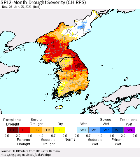 Korea SPI 2-Month Drought Severity (CHIRPS) Thematic Map For 11/26/2020 - 1/25/2021