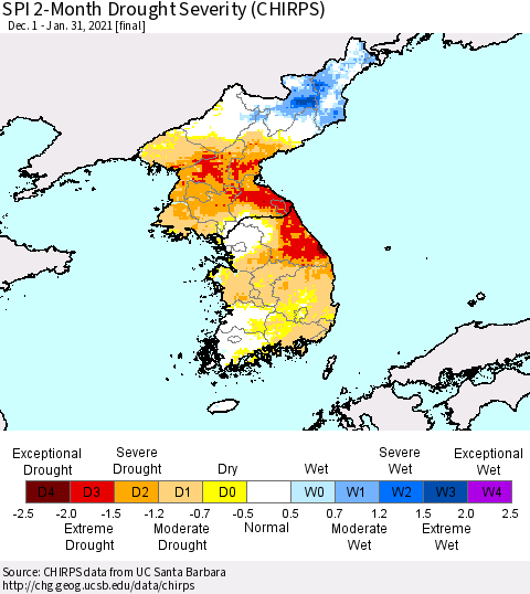 Korea SPI 2-Month Drought Severity (CHIRPS) Thematic Map For 12/1/2020 - 1/31/2021