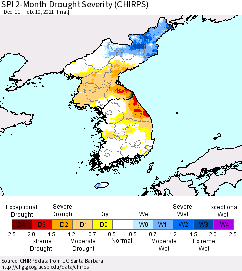 Korea SPI 2-Month Drought Severity (CHIRPS) Thematic Map For 12/11/2020 - 2/10/2021