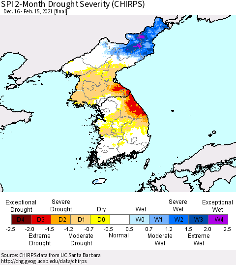Korea SPI 2-Month Drought Severity (CHIRPS) Thematic Map For 12/16/2020 - 2/15/2021
