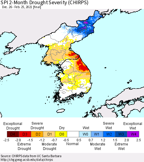 Korea SPI 2-Month Drought Severity (CHIRPS) Thematic Map For 12/26/2020 - 2/25/2021