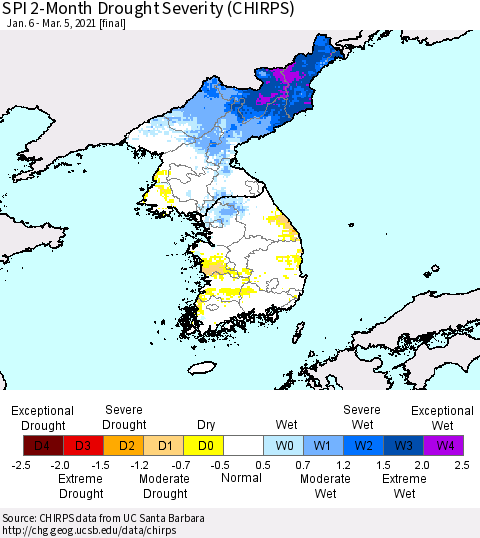 Korea SPI 2-Month Drought Severity (CHIRPS) Thematic Map For 1/6/2021 - 3/5/2021