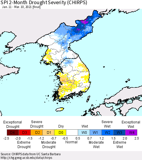 Korea SPI 2-Month Drought Severity (CHIRPS) Thematic Map For 1/11/2021 - 3/10/2021
