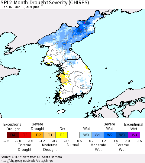 Korea SPI 2-Month Drought Severity (CHIRPS) Thematic Map For 1/16/2021 - 3/15/2021