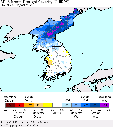 Korea SPI 2-Month Drought Severity (CHIRPS) Thematic Map For 1/21/2021 - 3/20/2021