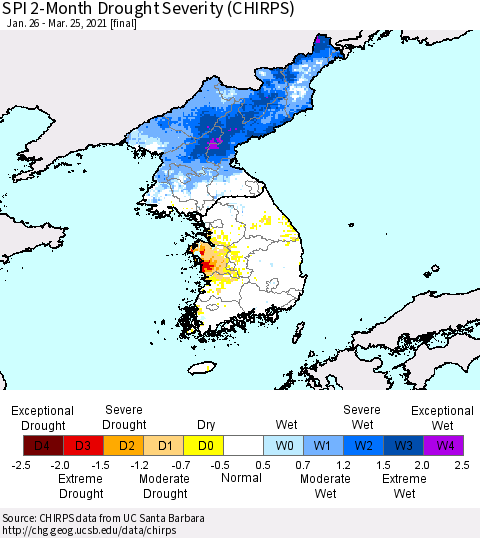 Korea SPI 2-Month Drought Severity (CHIRPS) Thematic Map For 1/26/2021 - 3/25/2021