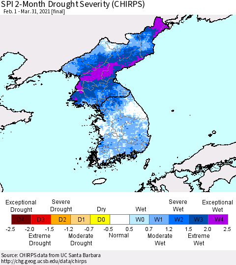 Korea SPI 2-Month Drought Severity (CHIRPS) Thematic Map For 2/1/2021 - 3/31/2021