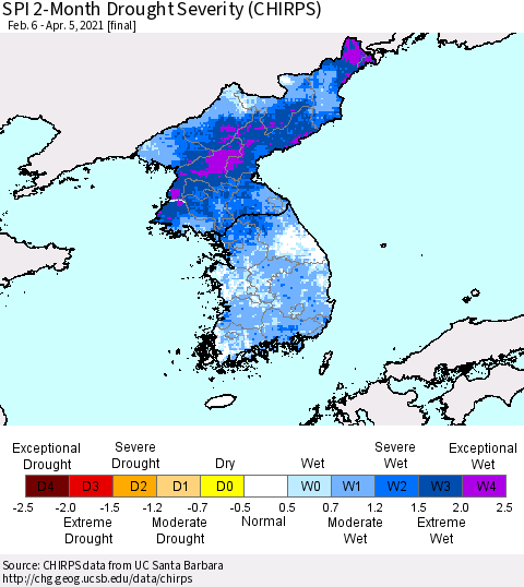Korea SPI 2-Month Drought Severity (CHIRPS) Thematic Map For 2/6/2021 - 4/5/2021
