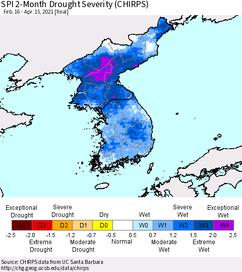 Korea SPI 2-Month Drought Severity (CHIRPS) Thematic Map For 2/16/2021 - 4/15/2021