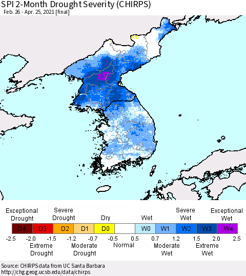 Korea SPI 2-Month Drought Severity (CHIRPS) Thematic Map For 2/26/2021 - 4/25/2021