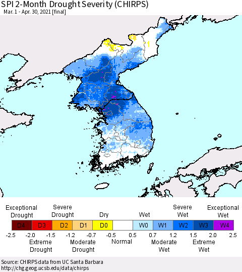 Korea SPI 2-Month Drought Severity (CHIRPS) Thematic Map For 3/1/2021 - 4/30/2021
