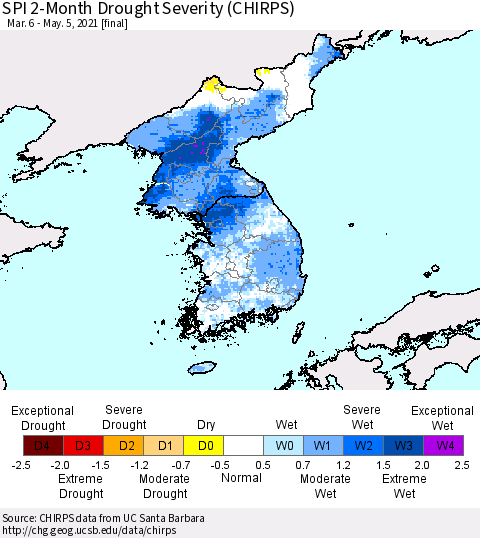Korea SPI 2-Month Drought Severity (CHIRPS) Thematic Map For 3/6/2021 - 5/5/2021
