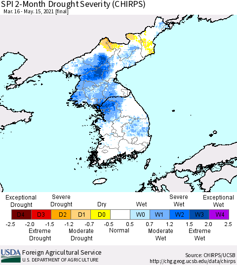 Korea SPI 2-Month Drought Severity (CHIRPS) Thematic Map For 3/16/2021 - 5/15/2021