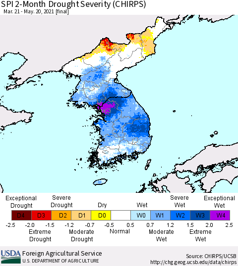 Korea SPI 2-Month Drought Severity (CHIRPS) Thematic Map For 3/21/2021 - 5/20/2021