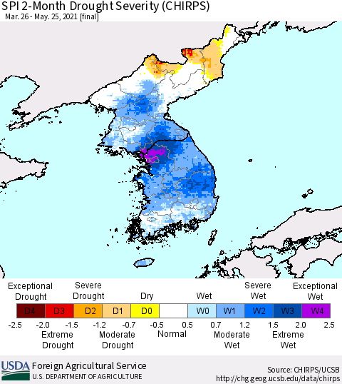 Korea SPI 2-Month Drought Severity (CHIRPS) Thematic Map For 3/26/2021 - 5/25/2021